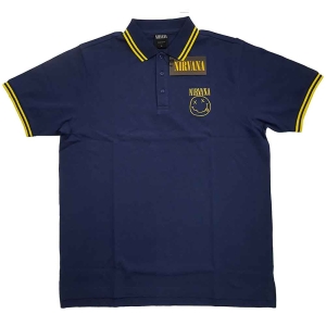 Nirvana - Yellow Smiley Uni Navy Piké:  in der Gruppe MERCHANDISE / T-shirt / Hårdrock bei Bengans Skivbutik AB (5542820r)