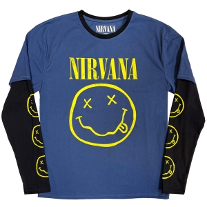 Nirvana - Yellow Happy Face Uni Denim/Bl Layered Longsleeve in der Gruppe MERCHANDISE / T-shirt / Nyheter / Pop-Rock bei Bengans Skivbutik AB (5643873r)