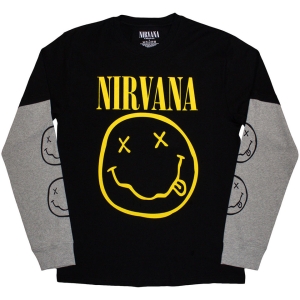 Nirvana - Happy Face Uni Bl/Grey Layered Longsleeve  (L) in der Gruppe MERCHANDISE / T-shirt / Pop-Rock bei Bengans Skivbutik AB (5644791)