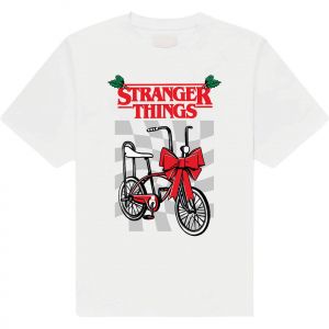 Stranger Things - Christmas Bike Uni Wht T-Shirt in der Gruppe MERCHANDISE / T-shirt / Kommande / Film-Musikal bei Bengans Skivbutik AB (5649146r)