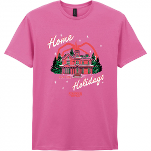 Stranger Things - Home Holidays Uni Pink T-Shirt in der Gruppe MERCHANDISE / T-shirt / Kommande / Film-Musikal bei Bengans Skivbutik AB (5649179r)