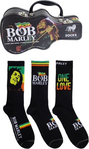 Bob Marley - Logos Guitar Tin Uni 3-Pack Socks in der Gruppe MERCHANDISE / Strumpor / Reggae bei Bengans Skivbutik AB (5667704)