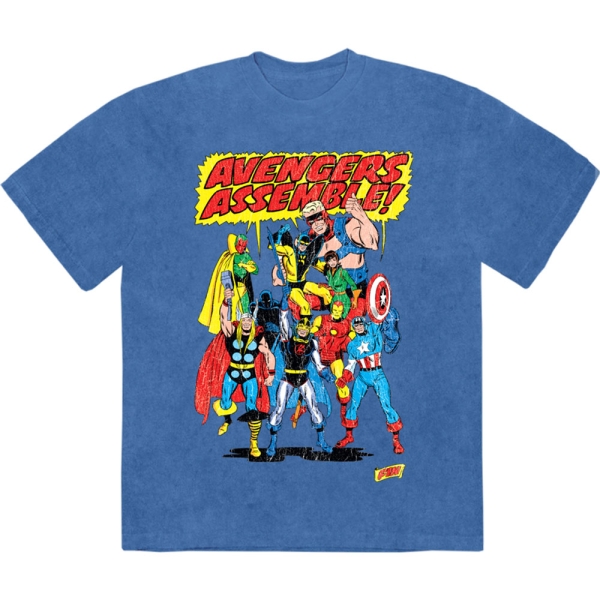 Marvel Comics - Avengers Assemble Retro Stone Wash Uni Denim T-Shirt in der Gruppe MERCHANDISE / T-shirt / Nyheter / Film-Musikal bei Bengans Skivbutik AB (5674004r)