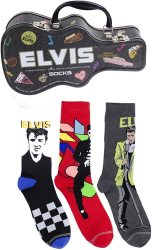Elvis Presley - Crew Socks (3 Pack Collector Guitar Shape Tin) in der Gruppe MERCHANDISE / Strumpor / Pop-Rock bei Bengans Skivbutik AB (5680203)