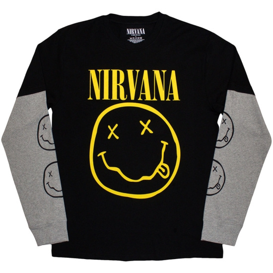 Nirvana - Happy Face Uni Bl/Grey Layered Longsleeve  (L)